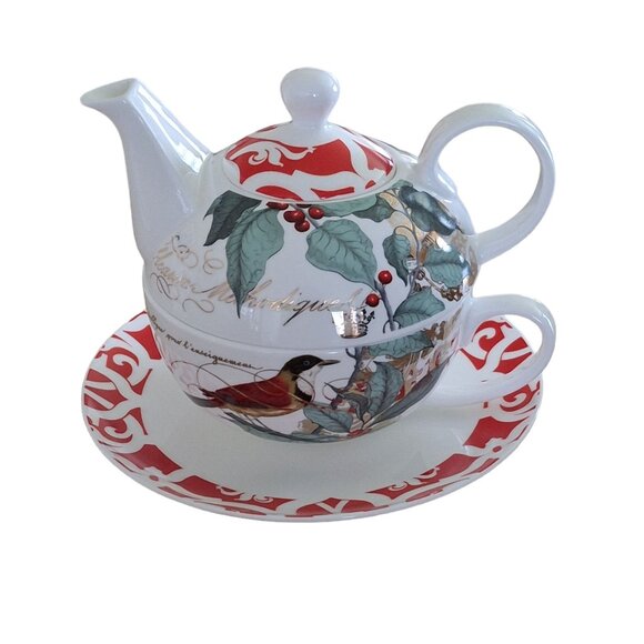 Fringe Studio Tea for One Teapot Cup Plate with Saucer Botanical Bird Leaves - Picture 1 of 10